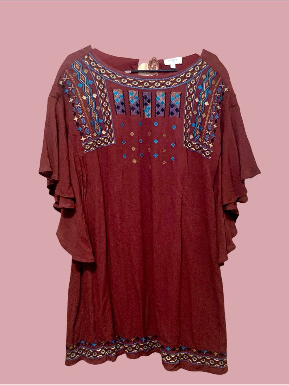 Umgee Wine boho tunic with colorful embroidered yoke and hem. - Picture 3 of 7